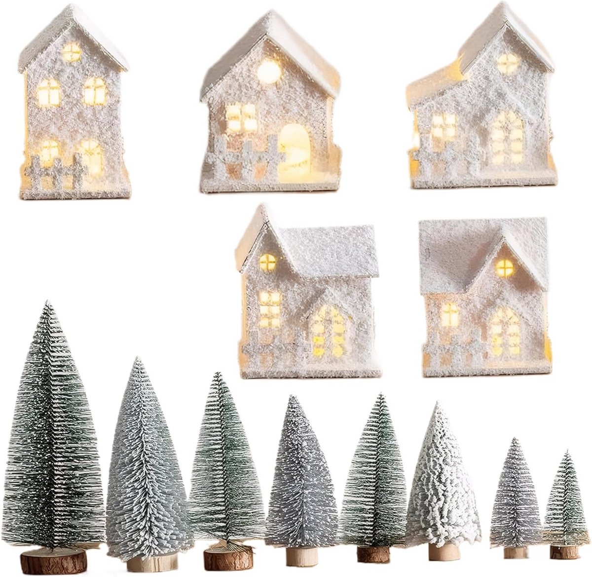 Verlichte Kerstboerderij Set Wit - Houten Dorp met 8 Bomen Decoratie voor Tafel of Plank – foto 7