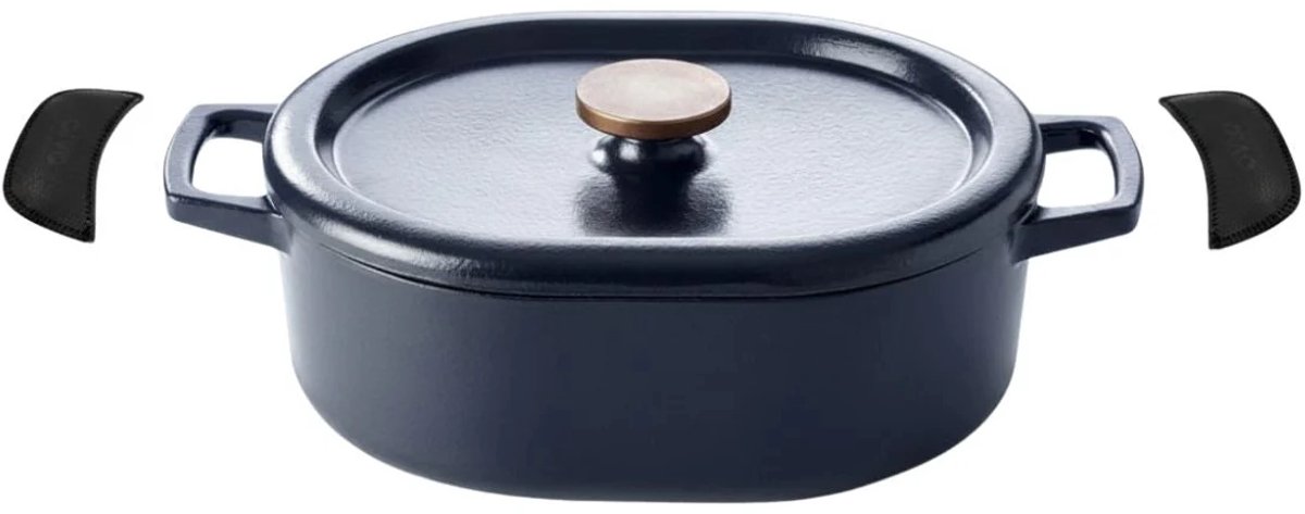 Alva Braadpan met deksel - Dutch Oven Ovaal Nori 31 x 21 cm + Gratis Leren Handvaten - geëmailleerde anti-aanbaklaag