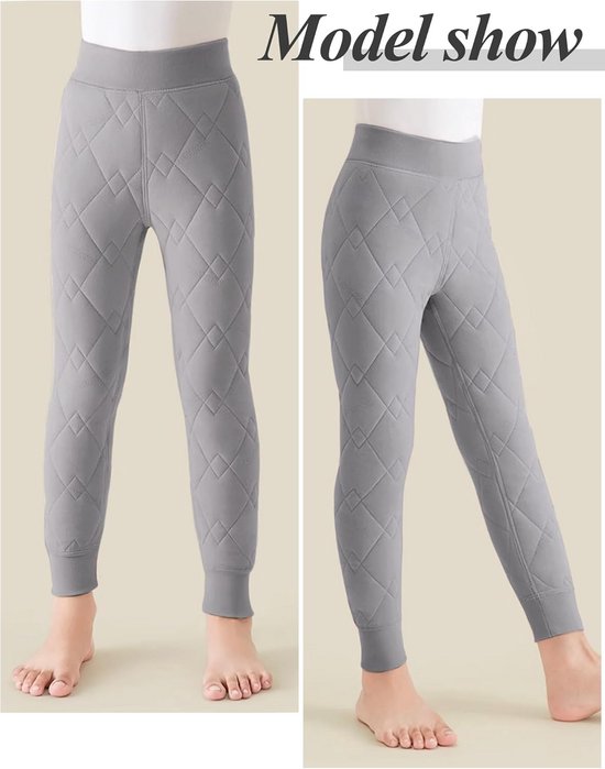 Modelshow van een grijze gewatteerde thermobroek voor kinderen, voor- en zijaanzicht.