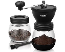 Handmatige Koffiemolen met Keramische Bovenmolen - Instelbaar voor Bonen, Espresso en Kruiden - Inclusief 2 Glazen Opvangbakken