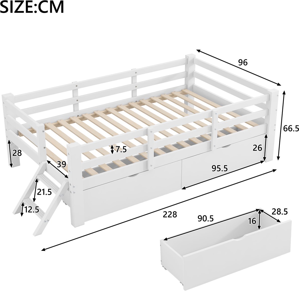 Merax Houten platformbed van 90x200 cm met spijlen en 2 laden - Kajuitbed - wit