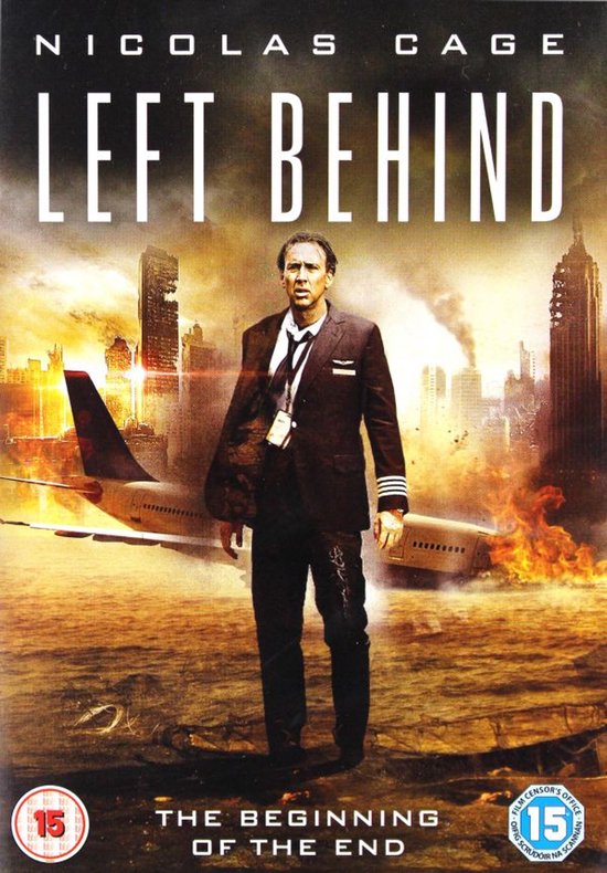 Nicolas Cage als piloot, voor een verwoeste stad met een neergestort vliegtuig. De filmtitel "LEFT BEHIND" staat erboven.