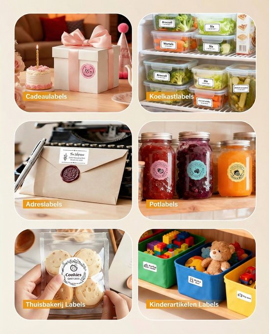 Voorbeelden van bedrukte etiketten: cadeaulabels, koelkastlabels, adreslabels, potlabels en thuisbakkerij labels.