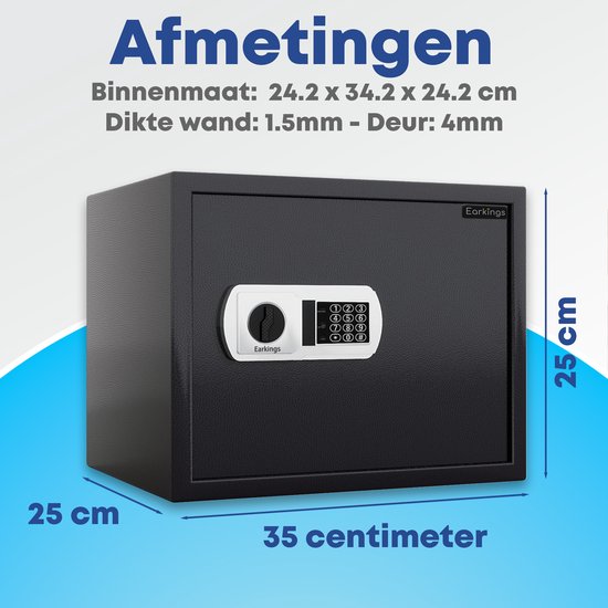 Coffre-fort Earkings 25x35x25 cm avec serrure à combinaison - Tirelire électronique sécurisée - Matériel de fixation inclus, deux clés d'urgence et serrure d'alarme - 15,5L