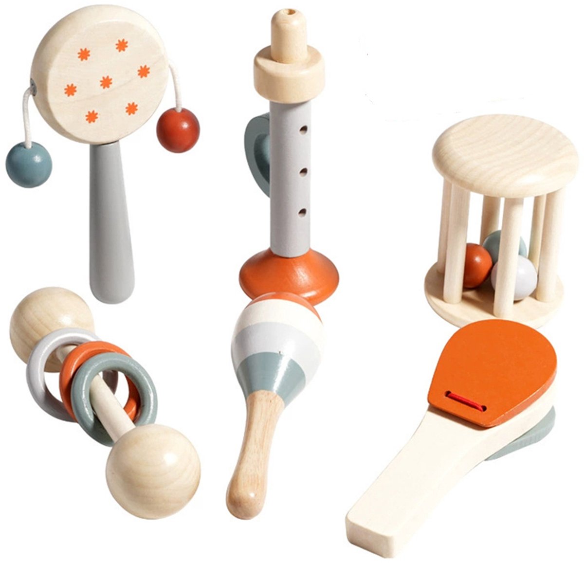 6-delige houten muziekinstrumentenset, Montessori muziekinstrumenten, houten percussietrommel voor kinderen, Montessori muziekspeelgoed voor jonge kinderen, kinderspeelgoed voor 3-7 jaar