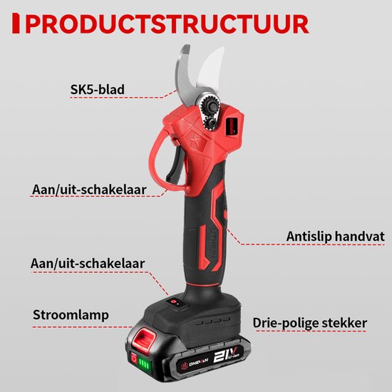 ONEVAN Elektrische Snoeischaar - 30mm Snijdiameter - Takkenschaar - Borstelloze Motor - Accusnoeischaar - met 2x Accu's - Voor Boomgaard, Tuin, Boerderij, Park, Tuinieren van ONEVAN — afbeelding 3