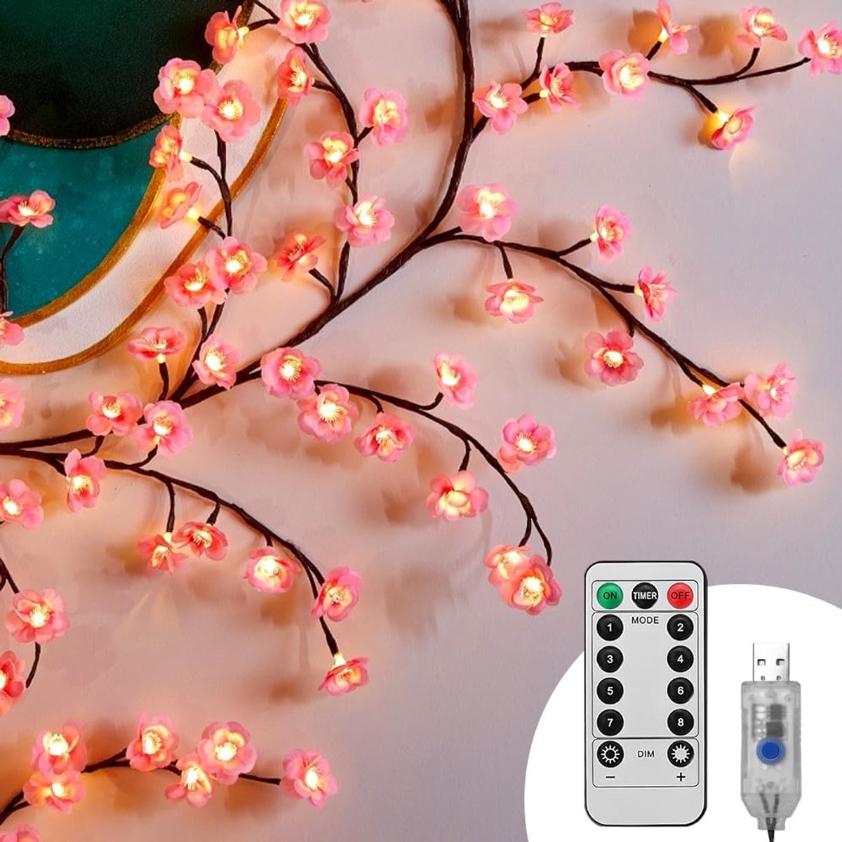 Ynkkvre - Kirschblüten Willow Vine Wanddeko - 96 LEDs - Bezauberndes Design Mit Natürlicher Optik Und Flexiblen Zweigen - 1 Stuk - Für Wohnkamer Of Slaapkamers Wit