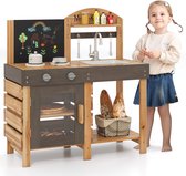 COSTWAY Modderkeuken voor kinderen, outdoor, kinderkeuken, hout met tafel, fornuizen en gootsteen, speelkeuken met kraan en oven, outdoorkeuken incl. accessoires voor kinderen vanaf 3 jaar