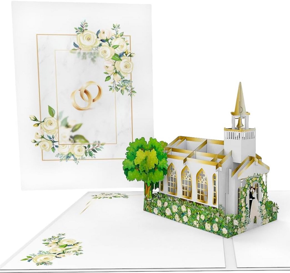 3D Pop-Up Wenskaart voor Bruiloft - Kerk en Trouwbeeld - Unieke Ansichtkaart voor Huwelijk of Jubileum