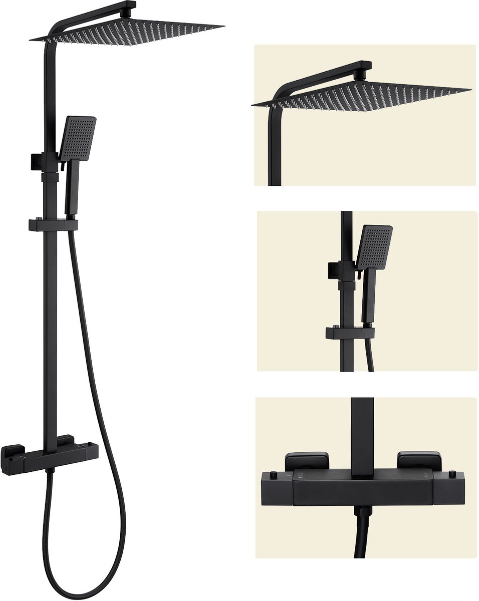DERW Max Regendouche met Thermostaatkraan - Doucheset - 12 inch Douchekop - Hoofddouche en Handdouche - Verstelbare hoogte 81-124 cm - RVS Regendoucheset - Zwart