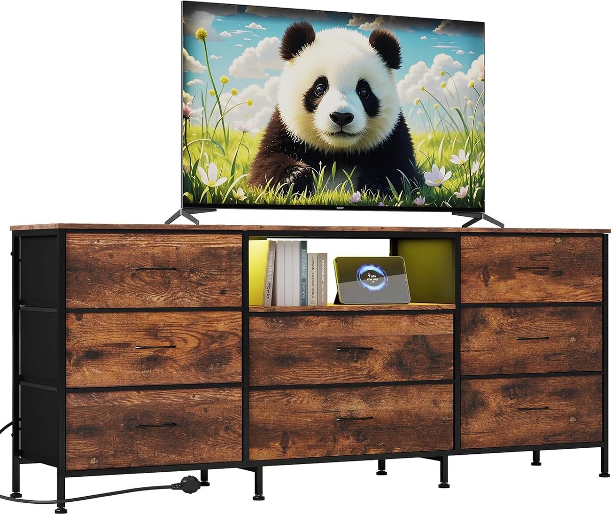 Commode TV- Meubel TV met LED en 8 Lades - TV‑meubel 160 x 35 x 68 cm - met Stalen Frame & Spaanplaten - Groot Opbergvak voor Woonkamer & Slaapkamer - bruin