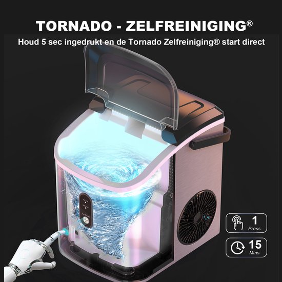 Zilverkleurige Bardi ijsblokjesmachine in "Tornado - Zelfreiniging" modus met draaiend water en blauwe verlichting.