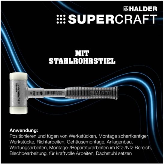 Marteau Halder Supercraft avec manche tubulaire en acier, têtes de frappe blanches et lignes bleues.