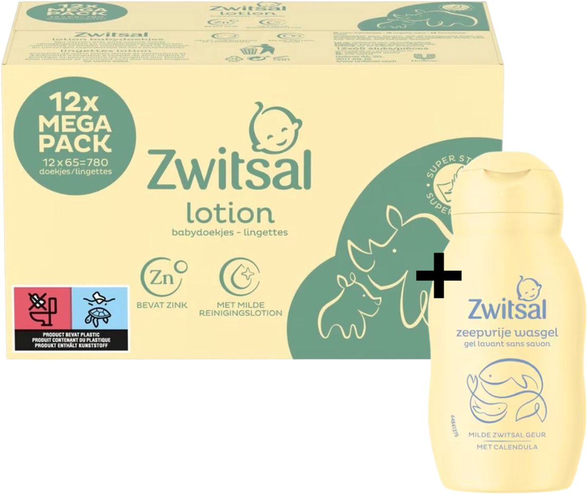 Zwitsal - Billendoekjes Lotion - 12 x 65 stuks - Voordeelverpakking - Inclusfief Zeepvrije Wasgel