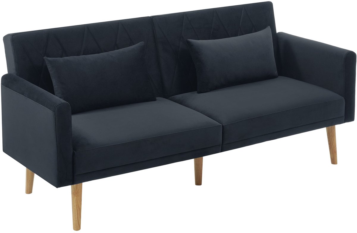 Merax 2-Zits Slaapbank Met Verstelbare Rugleuning En Armleuningen – Fluwelen Bank Met 2 Kussens – Zwart – 180 X 75 X 82 Cm