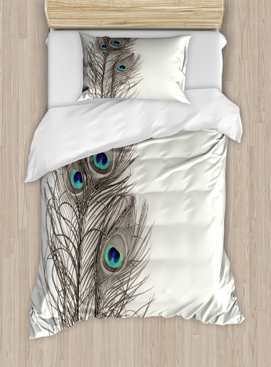 ABAKUHAUS Pauwen dekbedovertrekset voor eenpersoonsbedden, exotische vogelveren, inclusief kussensloop, 130 x 200 cm