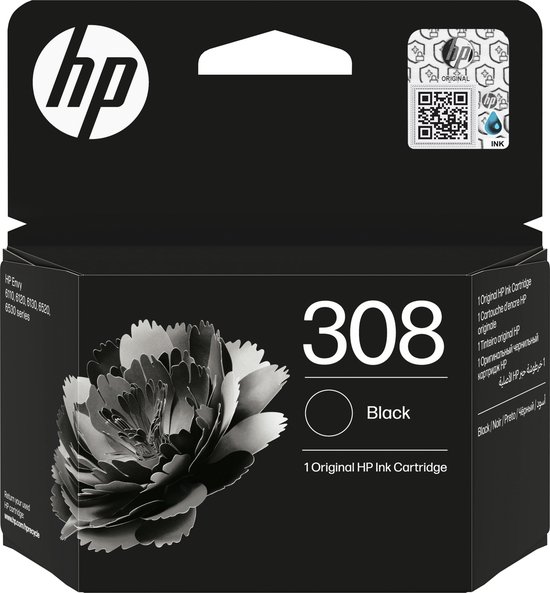 Emballage de cartouche d'encre noire HP 308 avec une grande fleur noire sur le côté gauche. "HP Original Ink".