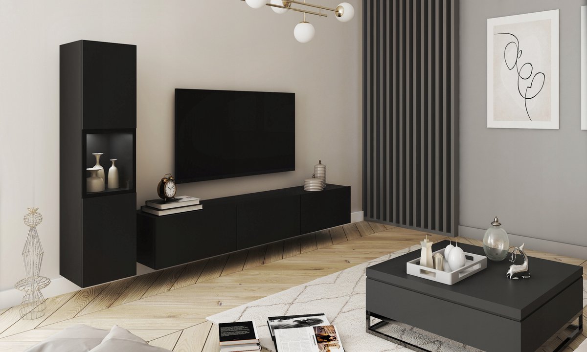 Berlin I - Woonkamer Set - Wandmeubel met LED - Zwevend of Staand - Volledig Mat Zwart