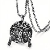 Collier argenté avec pendentif corbeau et arbre de vie pour homme - Style Viking - Pendentif symbole rond - Chaîne à maillons