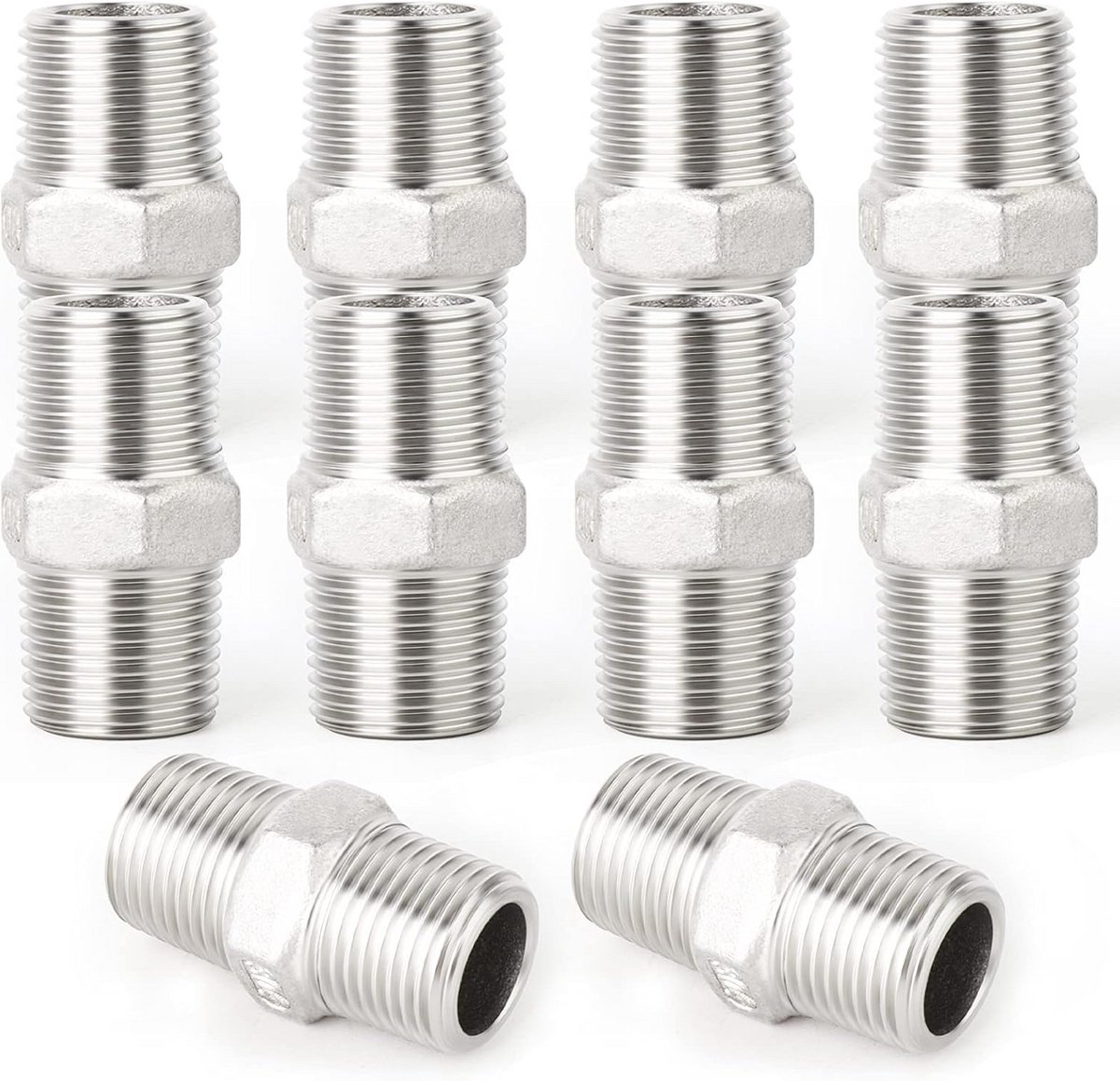 10 Stuks Zeskantnippels mannelijk 3/8 BSP RVS Rechte Koppeling Adapter