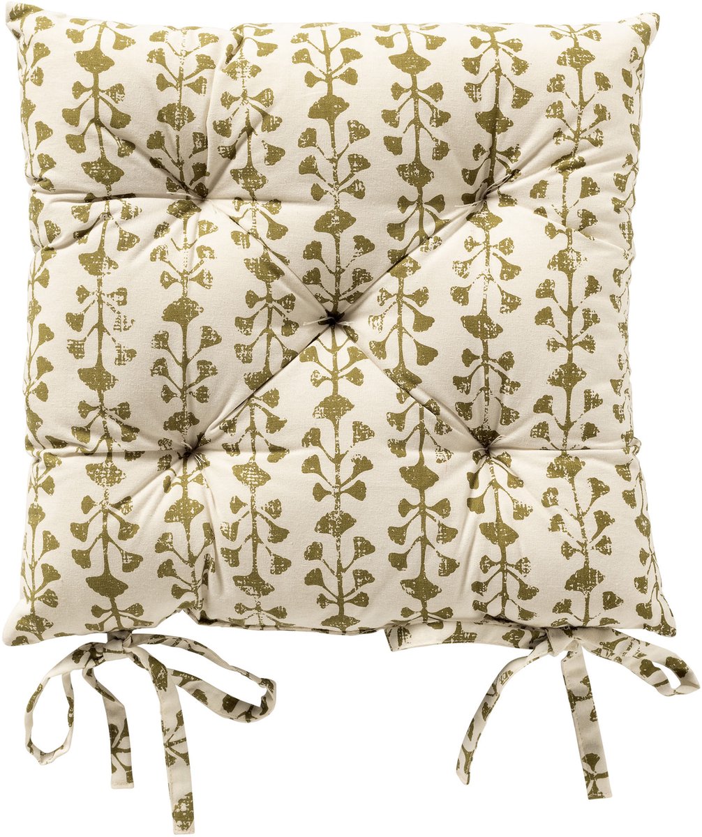 Dutch Decor FRANCINE - stoelkussen 40x40 cm - bladmotief - met striklinten - Green Moss - groen, wit - Zitkussen Mosgroen