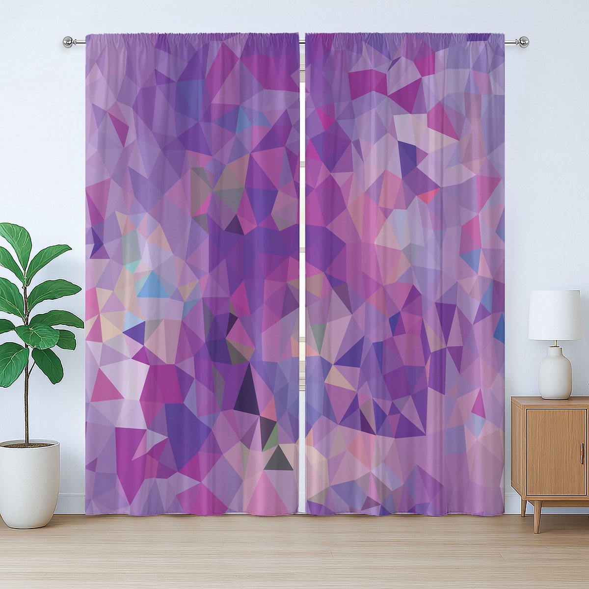 ABAKUHAUS Veelhoekig rustiek gordijn, violetkleurige driehoeken, slaapkamergordijn met plooien, lussen en haken, 280 x 245 cm, blauwviolet meerkleurig