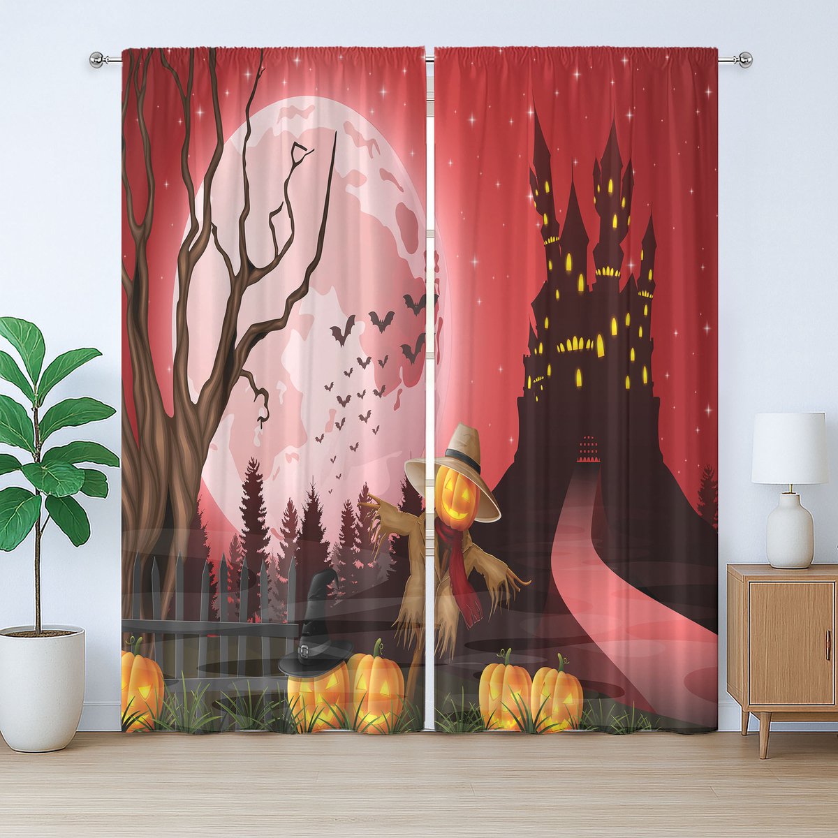 ABAKUHAUS Rustiek Gordijn met Vogelverschrikker, Halloween Kasteelthema, met Bandjes en Lussen voor de Woonkamer, 280 x 225 cm, Multicolor