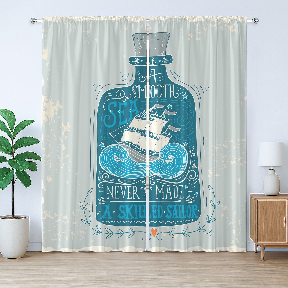 ABAKUHAUS maritiem rustiek gordijn, fles met schip en tekst, met lussen en haken voor de woonkamer, 280 x 225 cm, petrolblauw licht taupe