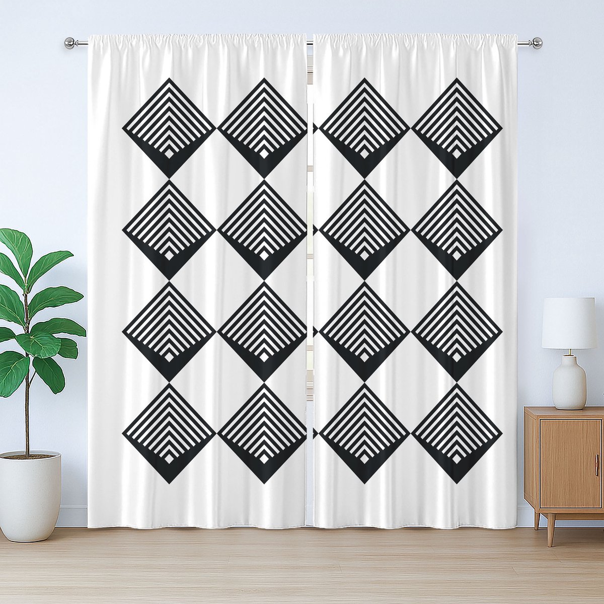 ABAKUHAUS Rustiek zwart-wit gordijn, Art Deco vierkanten, slaapkamergordijn met plooien, lussen en haken, 280 x 175 cm, zwart-wit