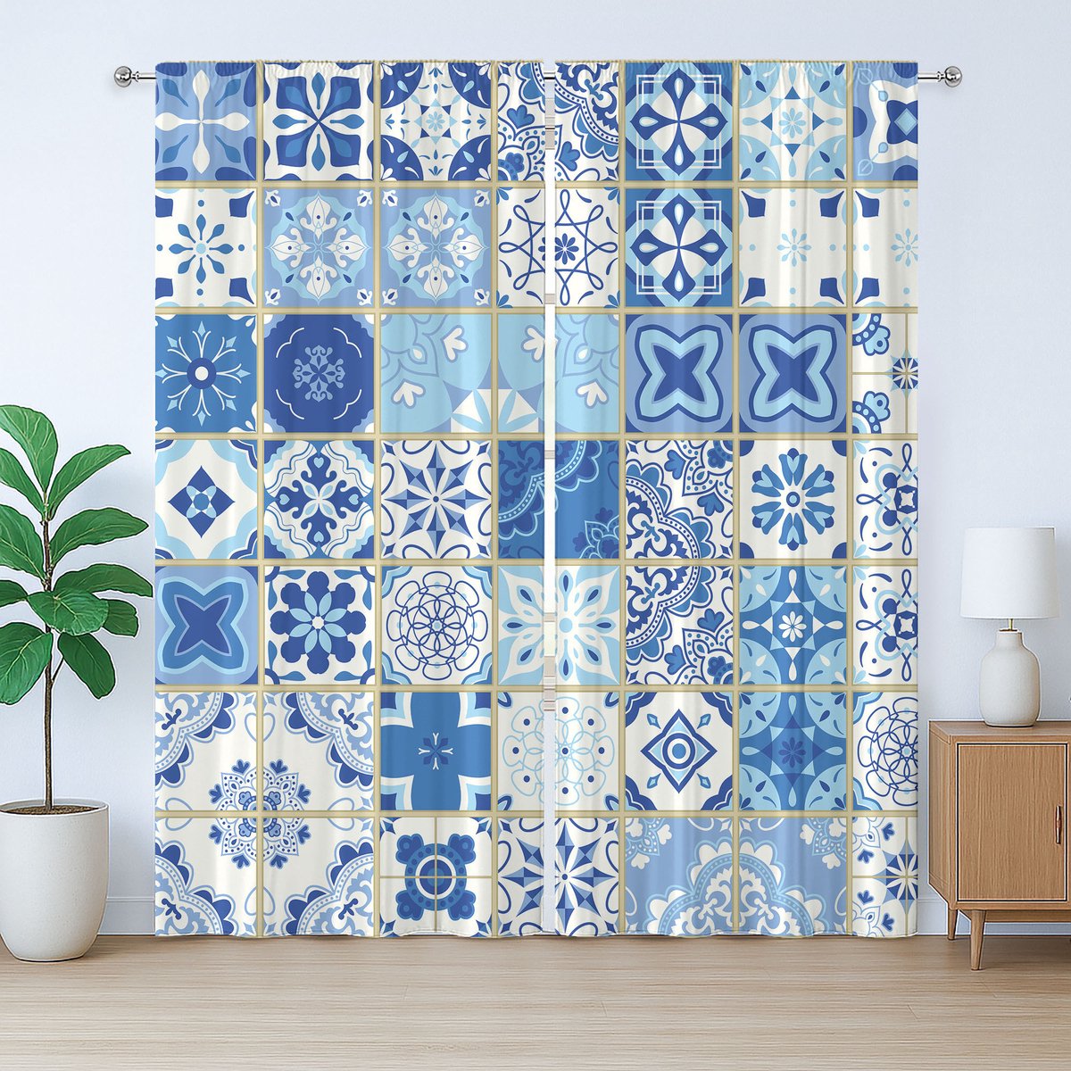 ABAKUHAUS Azulejos Rustiek Gordijn, Porto Keramiek Kunstmotief, met Bandjes en Lusjes voor de Woonkamer, 280 x 245 cm, Wit Blauw Grijs Geel