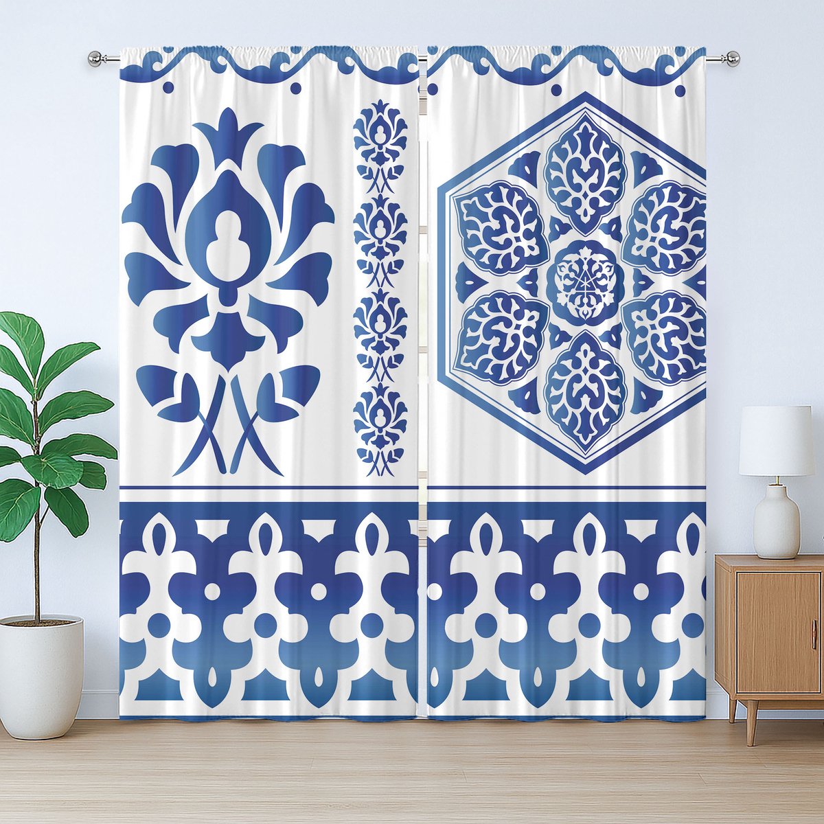 ABAKUHAUS Blauw-wit rustiek gordijn, kunst, met lussen en haken voor de woonkamer, 280 x 245 cm, blauw wit