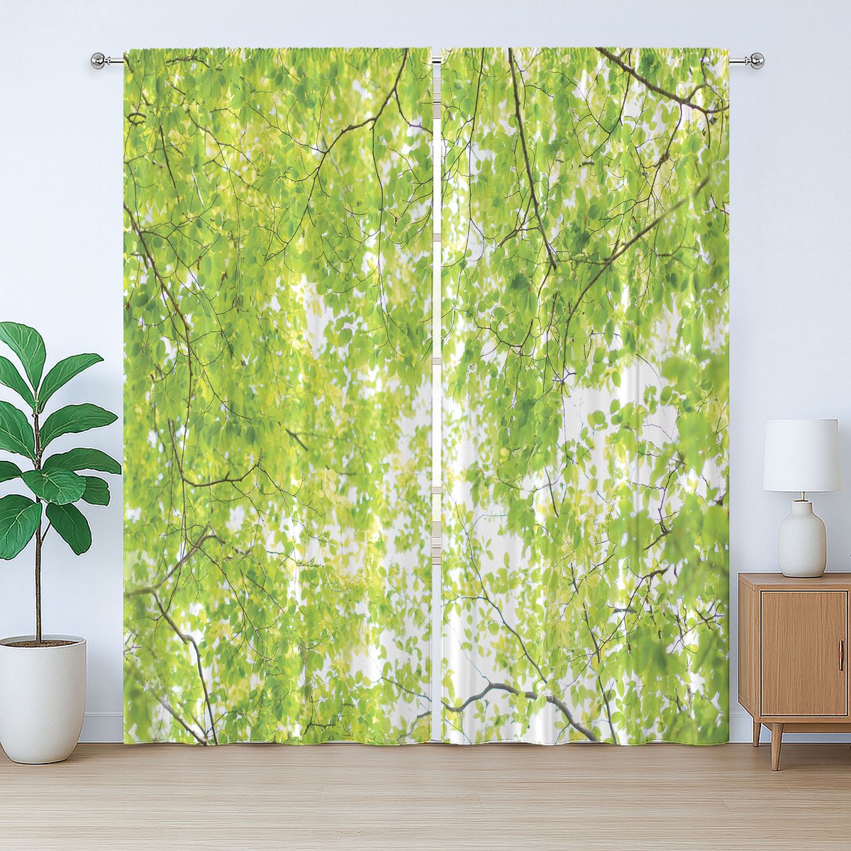 ABAKUHAUS Boom Rustieke gordijnen, Natuur Zomer Groen, Woonkamergordijnen met universele band, lussen en haken, 2 stuks 140 cm B x 225 cm L, Groen