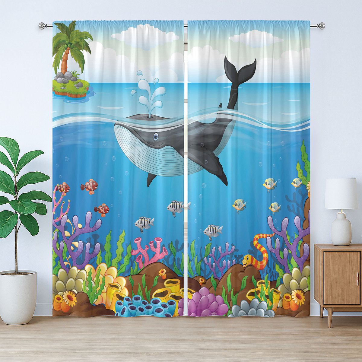 ABAKUHAUS Dier Rustieke gordijnen, Walvis in Oceaan Planeet, Woonkamergordijnen met universele band, lussen en haken, 2 stuks 140 cm B x 175 cm L, Donkerblauw oranje