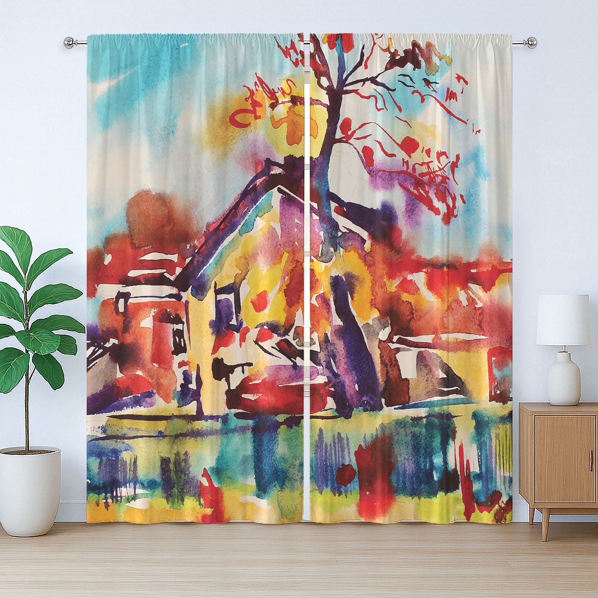 ABAKUHAUS Art Rustiek Gordijn, Abstract Landelijk Dorp, met Bandjes, Lussen en Haken voor de Woonkamer, 280 x 225 cm, Wit Lichtblauw Rood