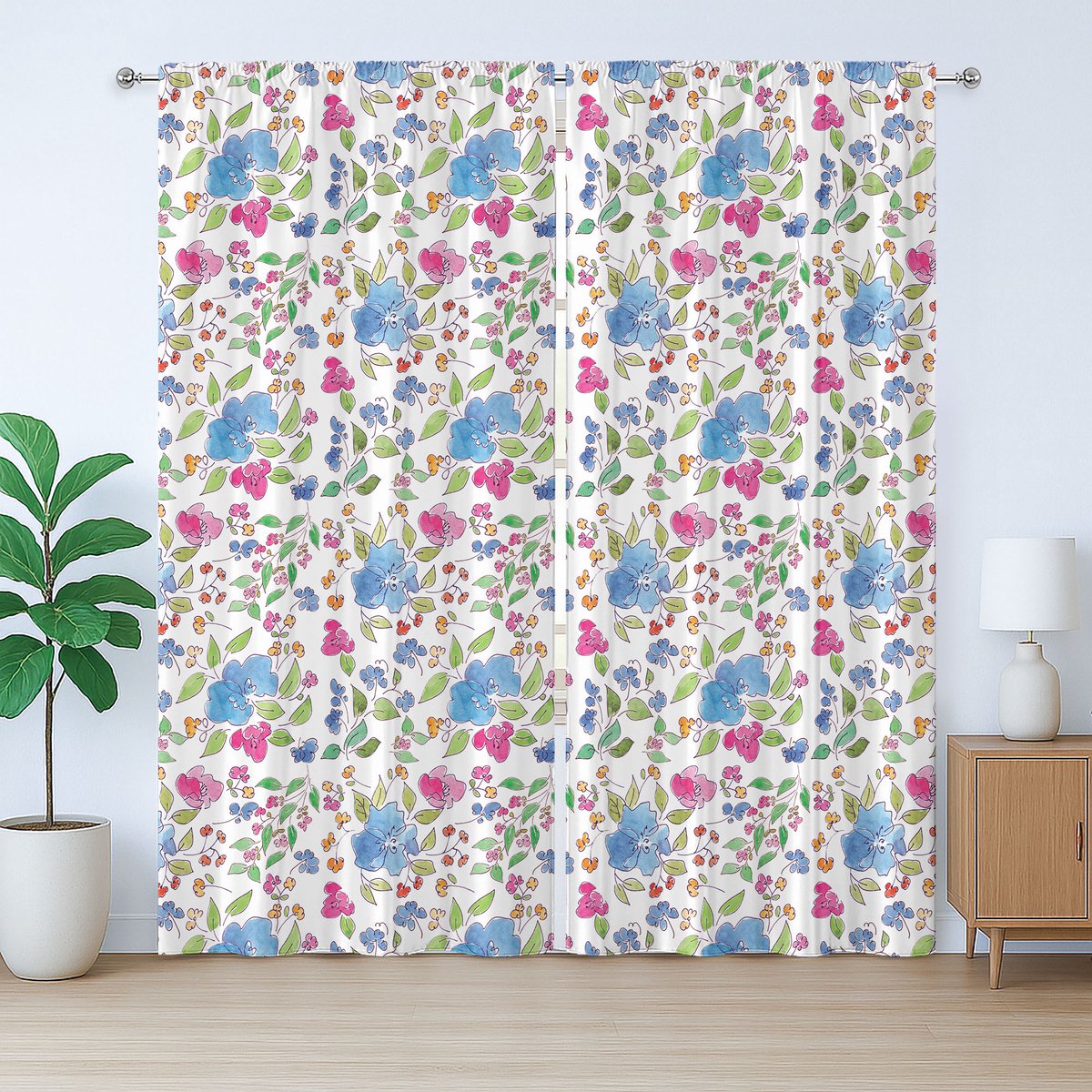 ABAKUHAUS Rustiek bloemengordijn, handgetekend bloemenpatroon, met lussen en haken voor de woonkamer, 280 x 260 cm, meerkleurig
