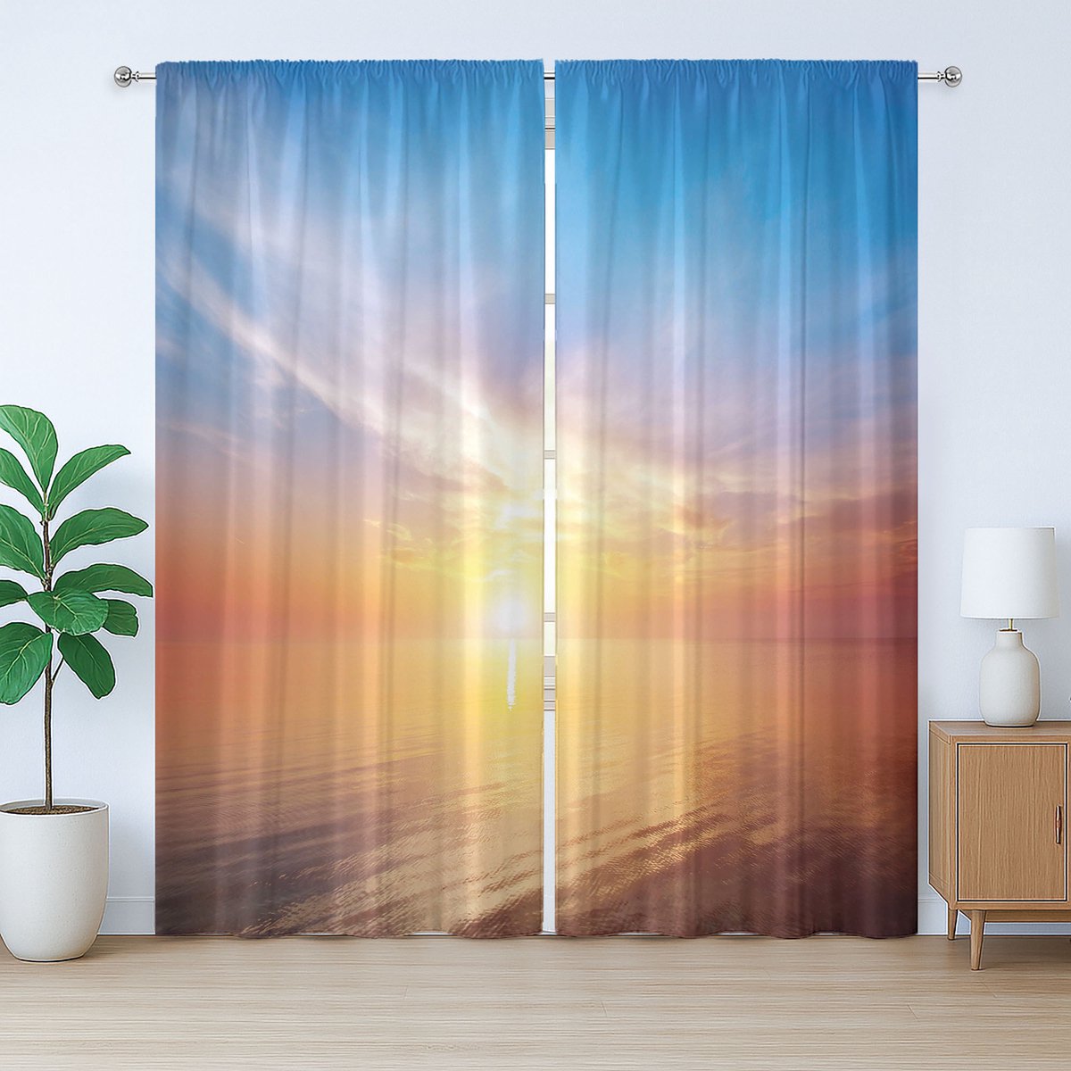 ABAKUHAUS Sunrise Rustiek Gordijn, Horizon Zeegezicht Baai, met Bandjes en Lussen voor de Woonkamer, 280 x 245 cm, Oranje en Blauw