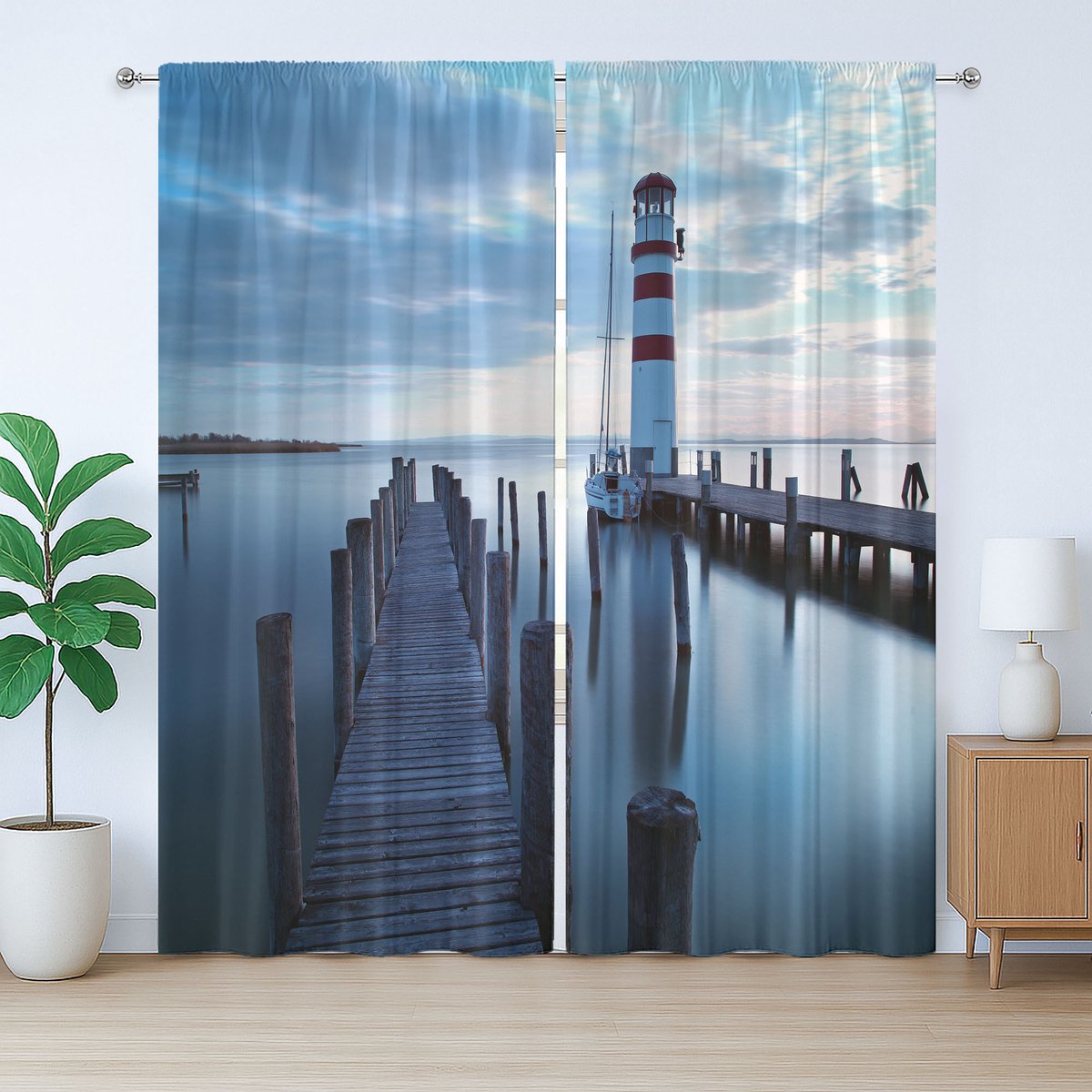 ABAKUHAUS maritiem rustiek gordijn, vuurtoren op zee bij zonsopgang, met lussen en haken voor de woonkamer, 280 x 245 cm, donkerbruinblauwgrijs