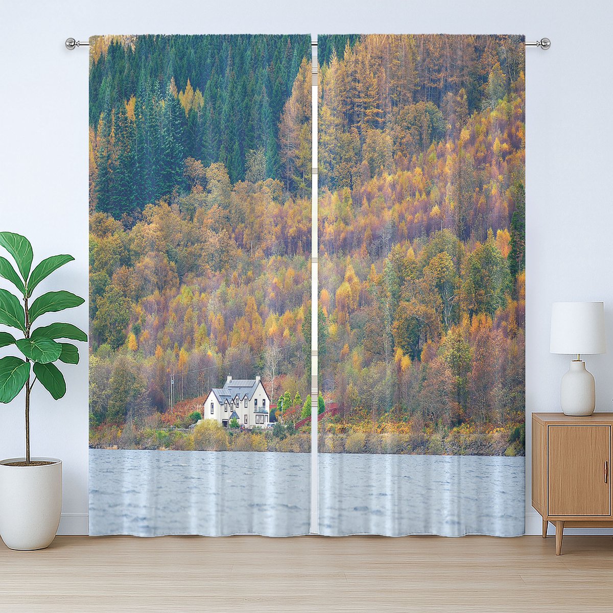 ABAKUHAUS Rustiek gordijn uit Schotland, Loch Lomond buitenscène, geplooid gordijn met lussen en haken voor de slaapkamer, 280 x 175 cm, meerkleurig