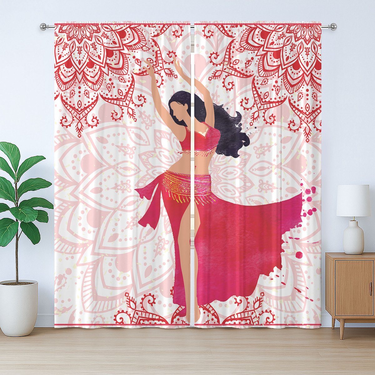 ABAKUHAUS Oosterse rustieke gordijn, buikdanseres, met lussen en haken voor de woonkamer, 280 x 175 cm, roze