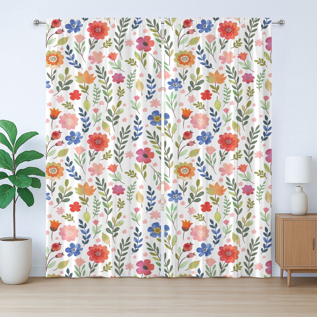 ABAKUHAUS Rustiek bloemengordijn, zachtgekleurde bloemmotieven, met lussen en haken voor de woonkamer, 280 x 225 cm, witgroen