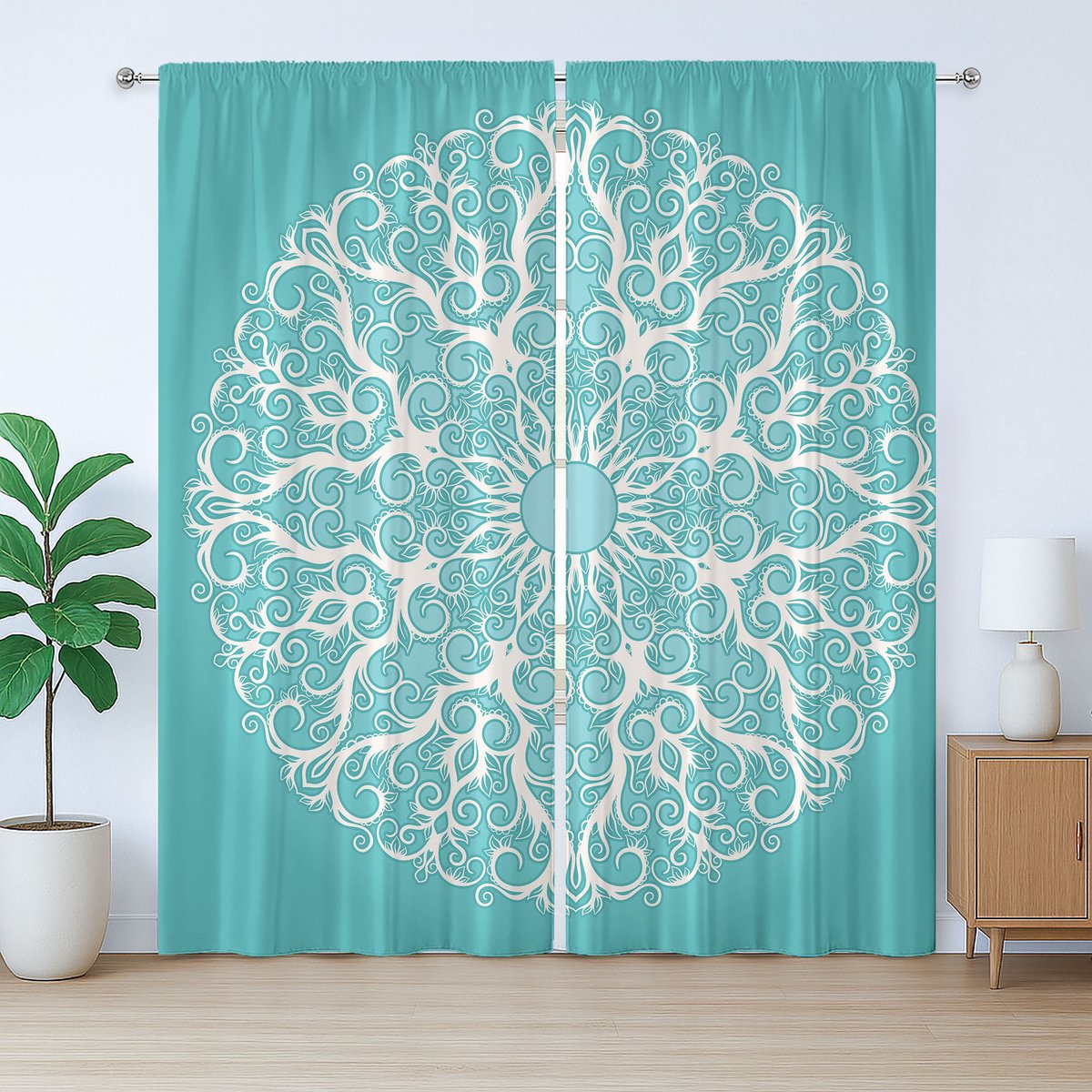 ABAKUHAUS Wit rustiek gordijn, symmetrische bloemmotieven, slaapkamergordijn met plooien, lussen en haken, 280 x 245 cm, wit