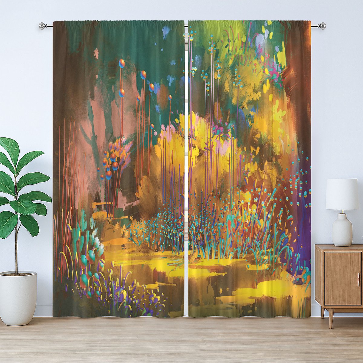 ABAKUHAUS Rustiek bosgordijn, hypnotiserende jungleplanten, met lussen en haken voor de woonkamer, 280 x 245 cm, geel