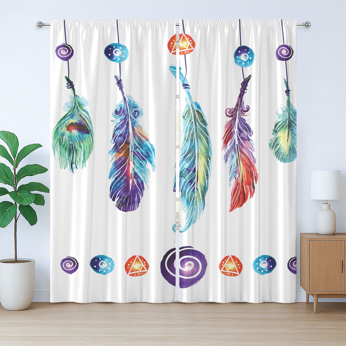 ABAKUHAUS Boheemse rustieke gordijnen, veren hippie, universele gordijnen met lussen en haken voor de woonkamer, 280 x 225 cm, wit violet turkoois