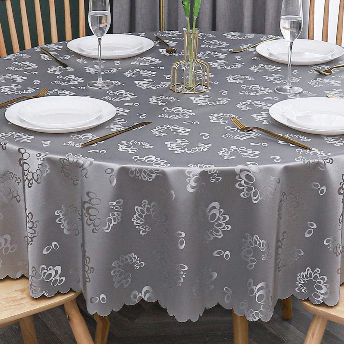 Ronde Tafelkleed PVC Waterdicht en Vlekbestendig Bloem Grijs