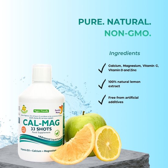 Fles CAL-MAG 33 SHOTS met een appel, sinaasappelpartjes en een citroen. Bevat calcium, magnesium, vitamine C, vitamine D en zink.