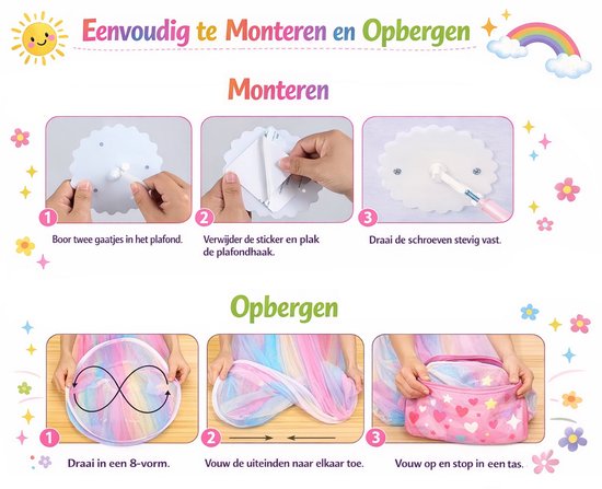 Regenboog Klamboe / Bedhemel voor Kinderkamer - Kinderbed, Peuterbed en Eenpersoonsbed - Hemeltje Speelhoek – Ø60 cm – Hoogte 260 cm – klamboe baby - klamboe 1 persoons - klamboe roze — afbeelding 5