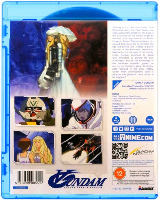 Achterkant Blu-ray hoes met 4 kleine afbeeldingen, artwork van een vrouw met witte hoed, en tekst over 'Turn A Gundam'.
