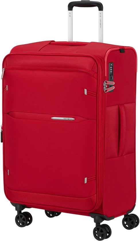Rode Samsonite koffer met uittrekbare handgreep en TSA-slot.