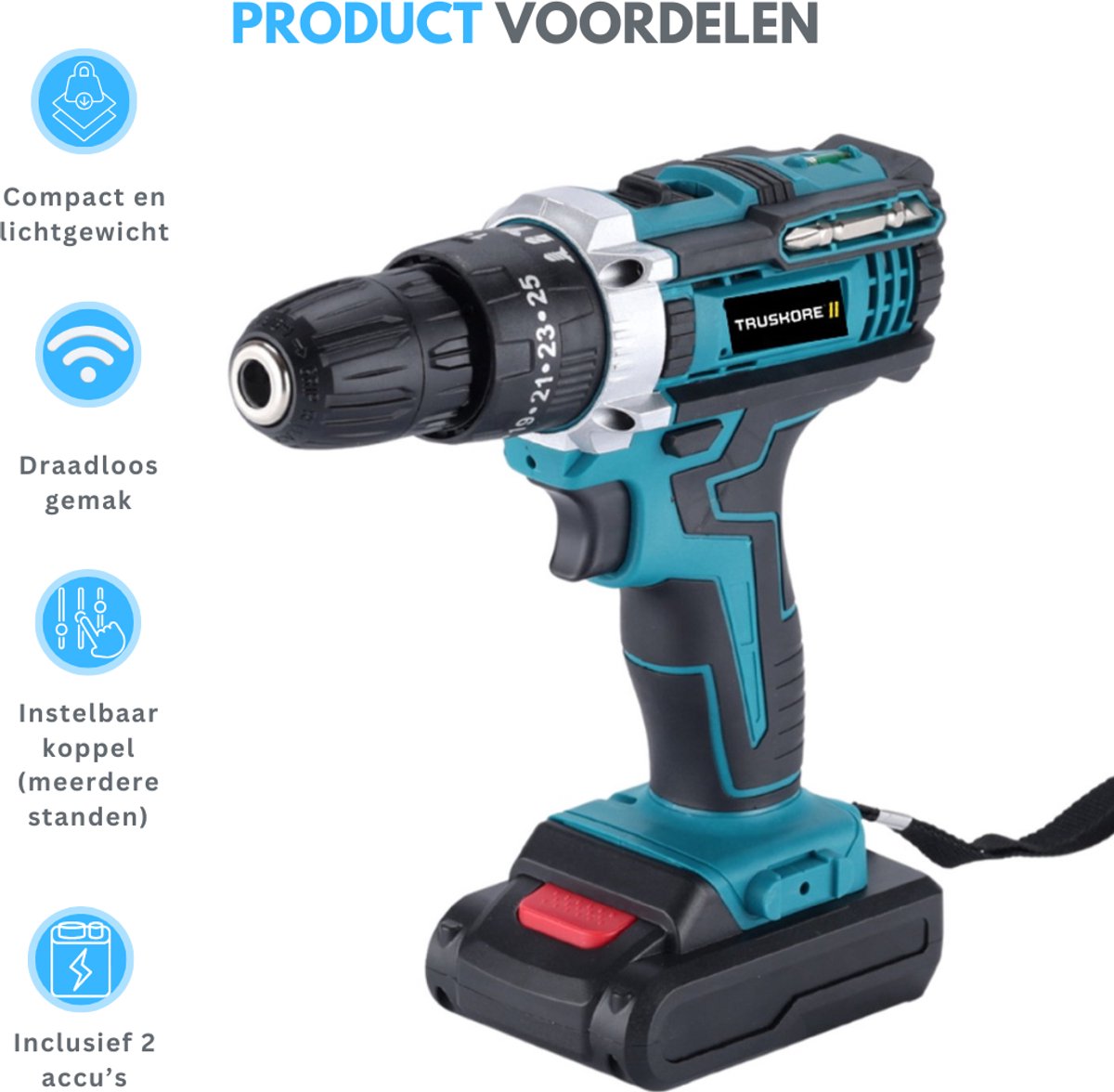 Truskore Draadloze Accuboormachine – Compacte Elektrische Boor & Schroevendraaier – Inclusief 2 Oplaadbare Batterijen – Ideaal voor Klusjes in en om het Huis – Boormachine - Boorhamer - Met Gereedschapsset – foto 5