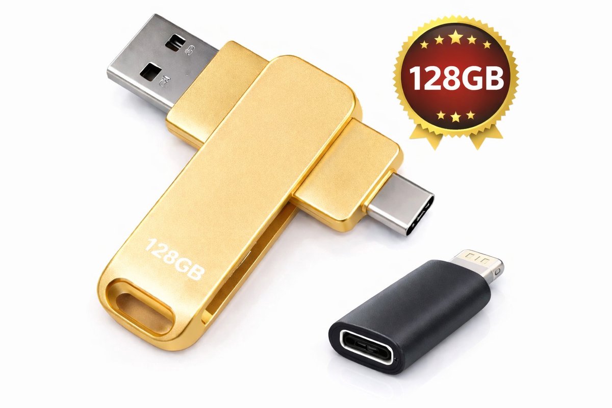 3 in 1 128 gb goud multifunctionele usb stick, flashdrive plug & play - USB-C & USB-A & Lightning USB - USB 3.0 - Universeel - voor Smartphones, Tablets, Laptops etc. Voor Iphone 8,10,11,12,13,14,15,.ios,Android galaxy.opslag